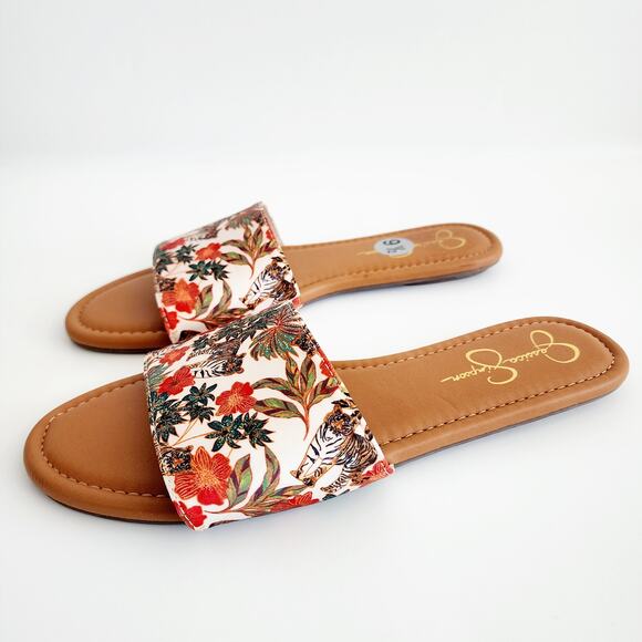 Jessica Simpson Tropical Jungle Tiger Print Beige & Tan Sandals Flats Size 9.5 - Picture 6 of 7